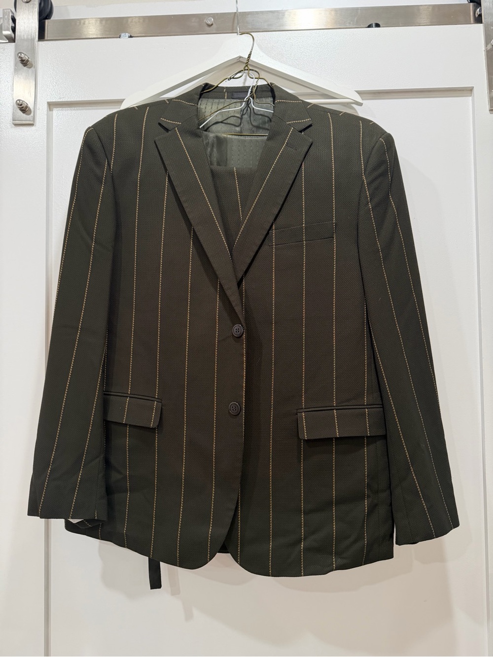 Stacy Adams 3 Pc Suit Dark Green Gold Pinstripe Blazer Vest Pants 44R 38R